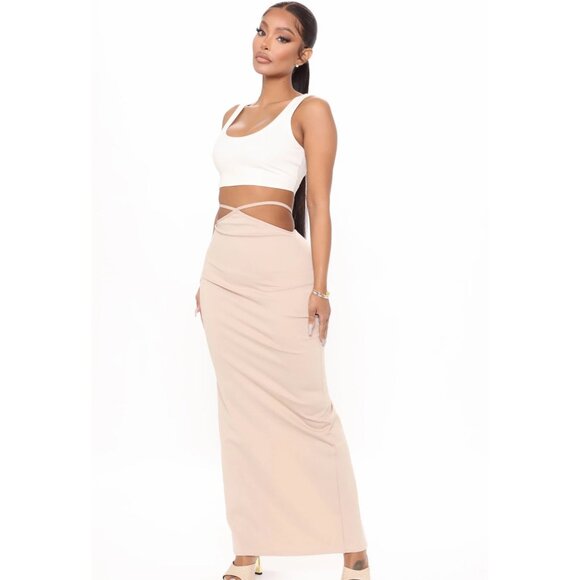 Fashion Nova Let’s Talk About Us Taupe High‑Waist Strappy Maxi Skirt Back Slit M - Picture 2 of 5